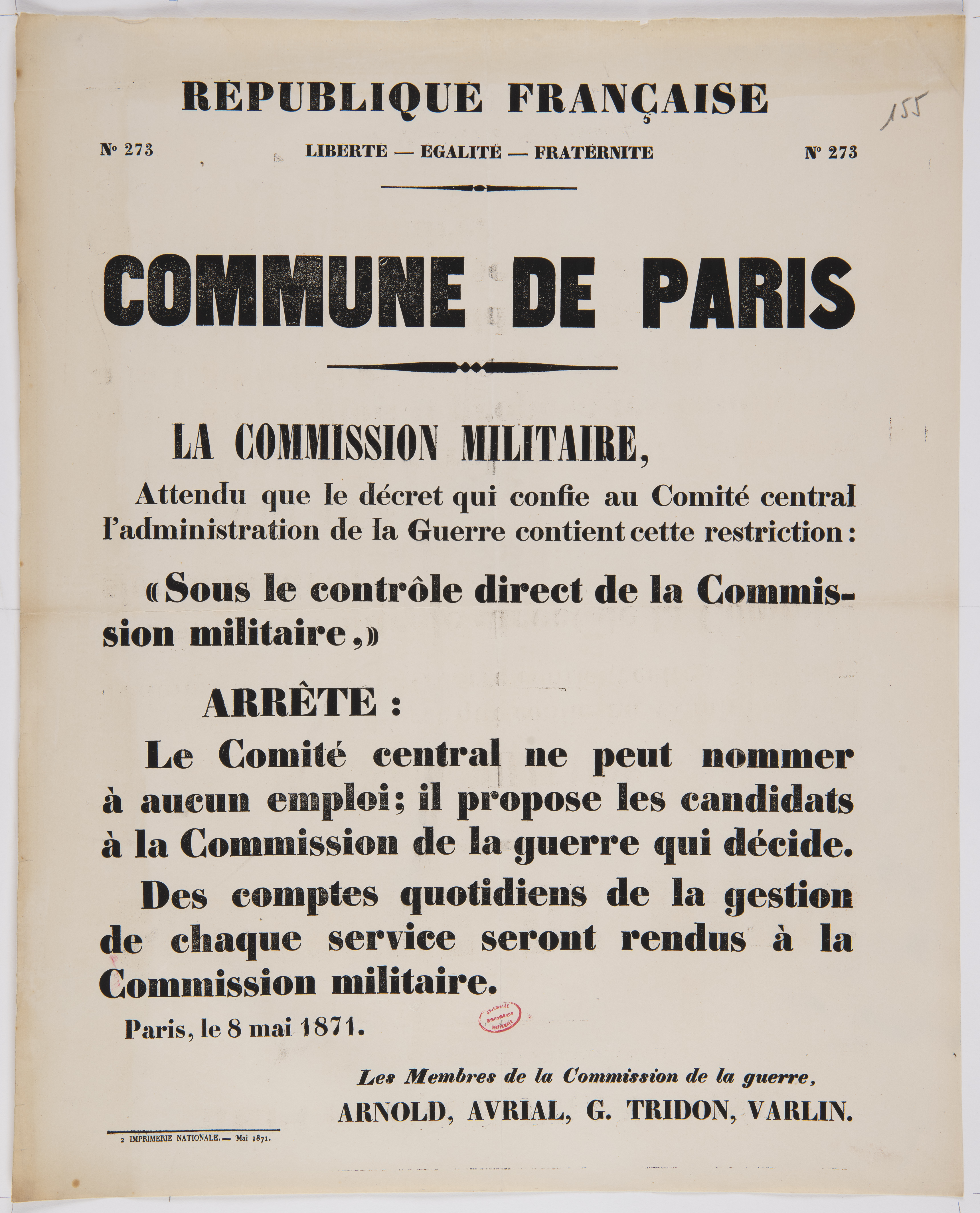 No 273. Commune de Paris. La Commission militaire [arrête : le Comité central ne peut nommer à  aucun emploi]. 8 mai 1871.