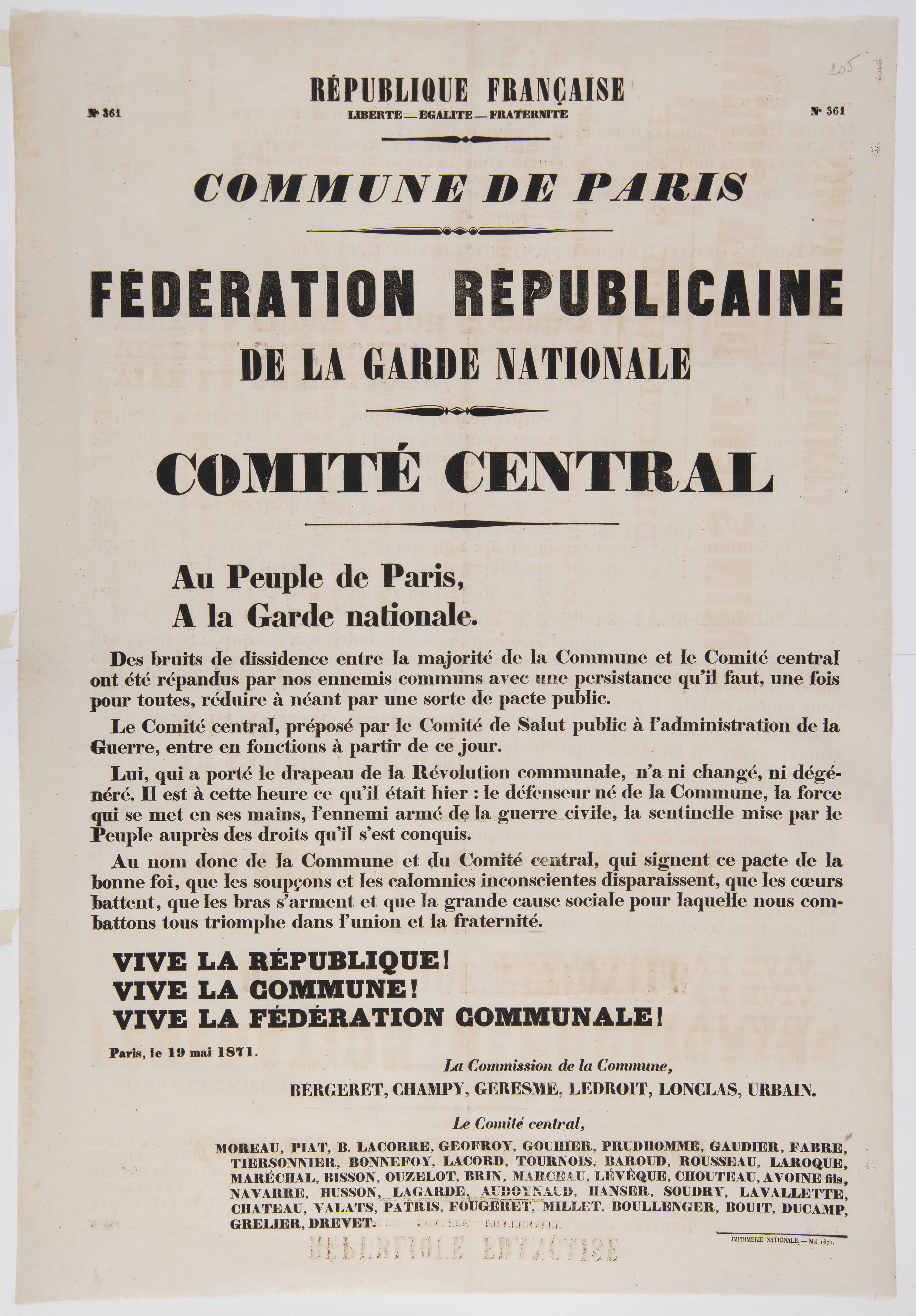No 361. Commune de Paris. Fédération républicaine de la garde nationale. Comité central. 19 mai 1871.