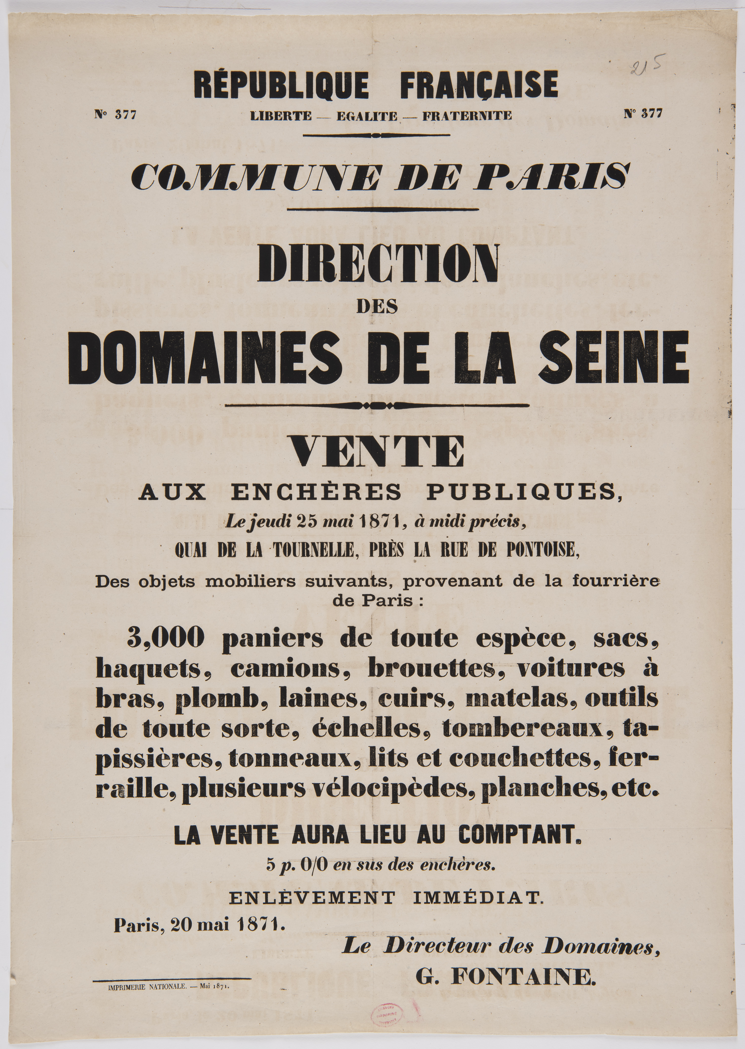 No 377. Commune de Paris. Direction des Domaines de la Seine. Vente aux enchères publiques le jeudi 25 mai 1871 [...]  20 mai 1871.