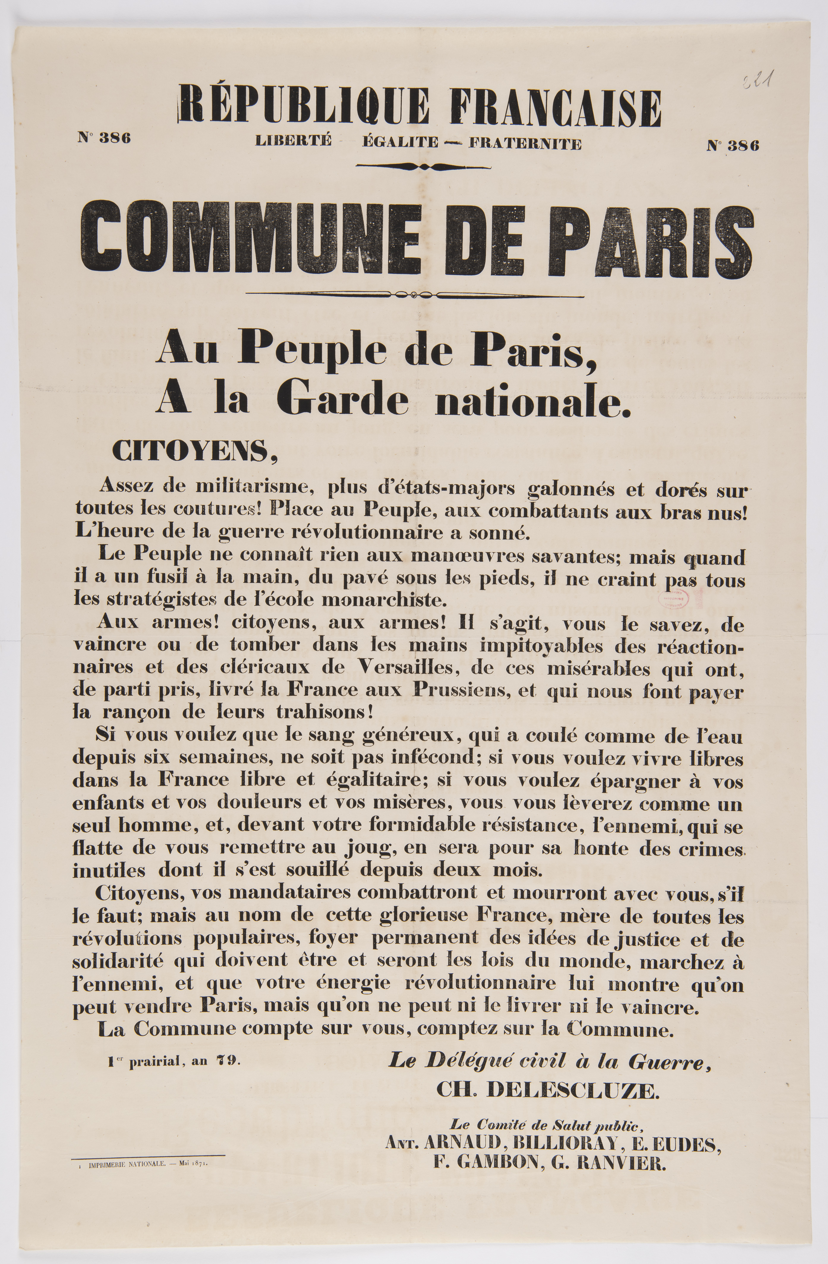 No 386. Commune de Paris. Au Peuple de Paris. A la Garde nationale. Ier Prairial an 79.