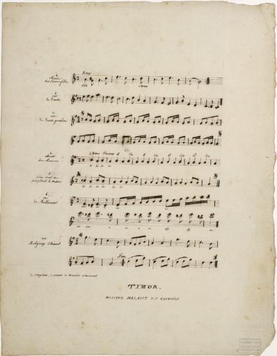 Musique malaise et chinoise - 1 : Ronde des Jeunes filles - 2 : Air de Danse - 3 : Air de Danse guerrière - 4 : Chant des rameurs - 5 : Même chant en précipitant la mesure - 6 : Cri de ralliement - 7 : Air Religieux Chinois