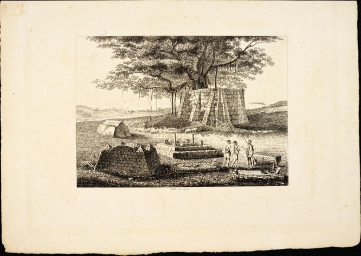 Ile Timor - Vue d'un Cimetière Malais, d'une partie de la Baie et de la Ville de Coupang, de l'Ile Simao et de l'Ile Kéra (Atlas de 1824, pl. 51)