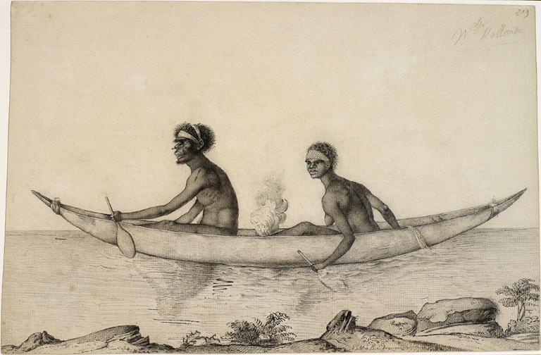 Un homme et une femme de Nouvelle-Hollande (Australie) transportent du feu à bord de leur pirogue