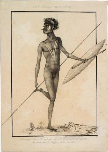 Homme de Nouvelle-Hollande (Australie) ramassant sa sagaie avec son pied