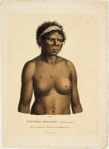 Nouvelle-Hollande - (Nouvlle Galles du Sud) - Jeune femme de la tribu des Cam-Mer-Ray-Gal (légende attribuée à la gravure publiée dans l'Atlas de 1824, planche 26)