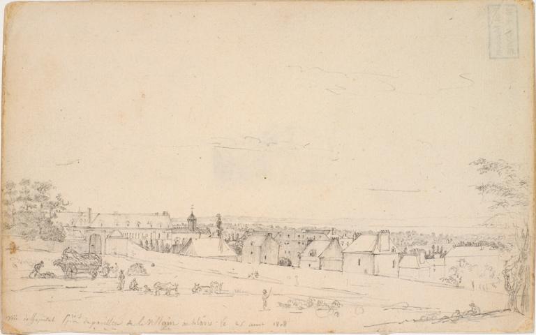 Vüe de l'Hopital pris du pavillon de le Villain au Hâvre. Le 25 aoust 1808