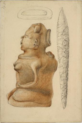 Céramique indienne : vase anthropomorphe et silex taillé en forme de poignard