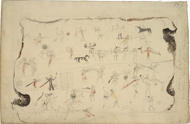 Peau de buffalow avec dessins d'une bataille Indienne