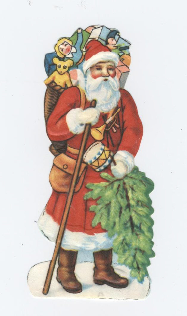 Père Noël tenant un sapin et un bâton (titre factice)