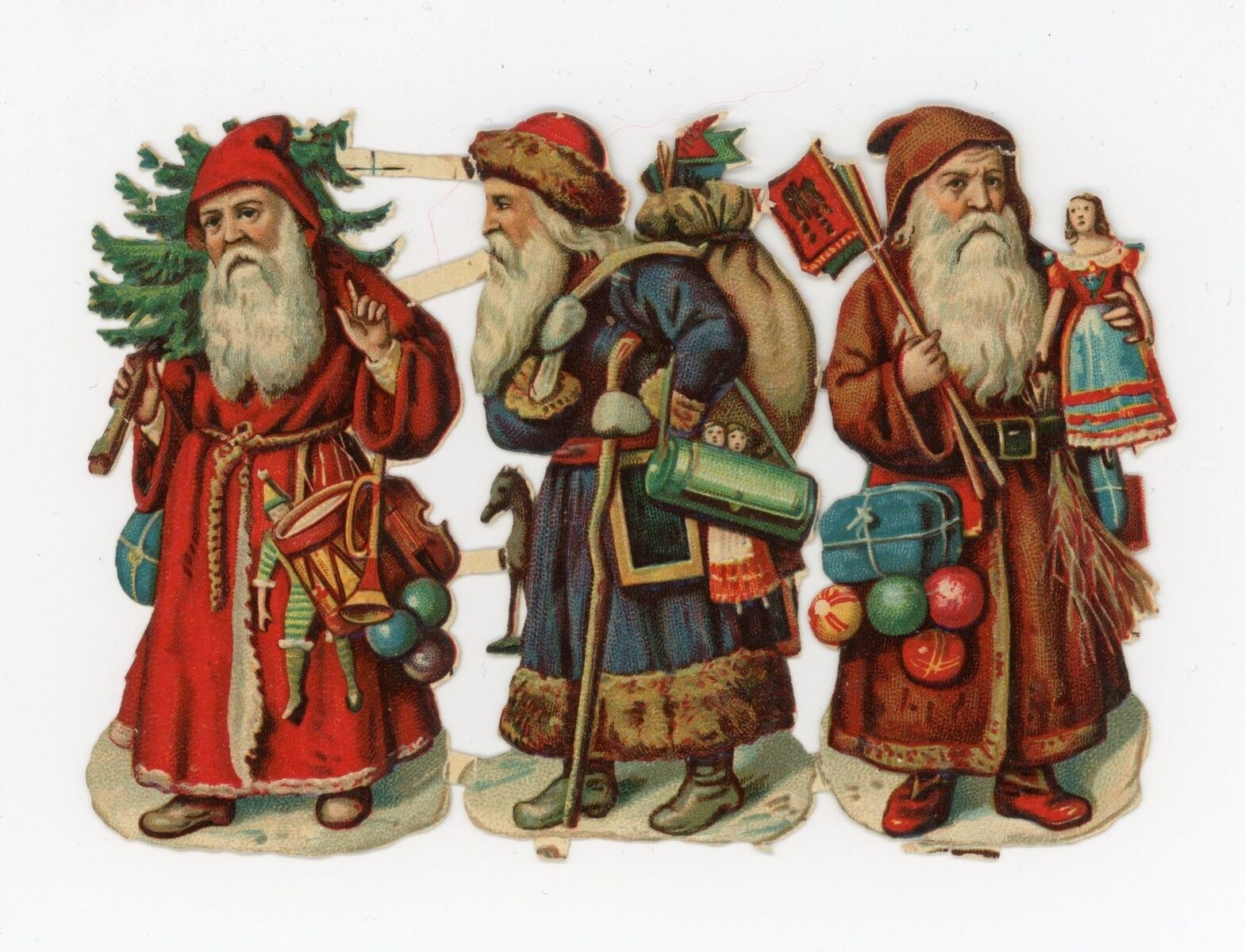 Planche de 3 Pères Noël portant sapin et de nombreux jouets (titre factice)
