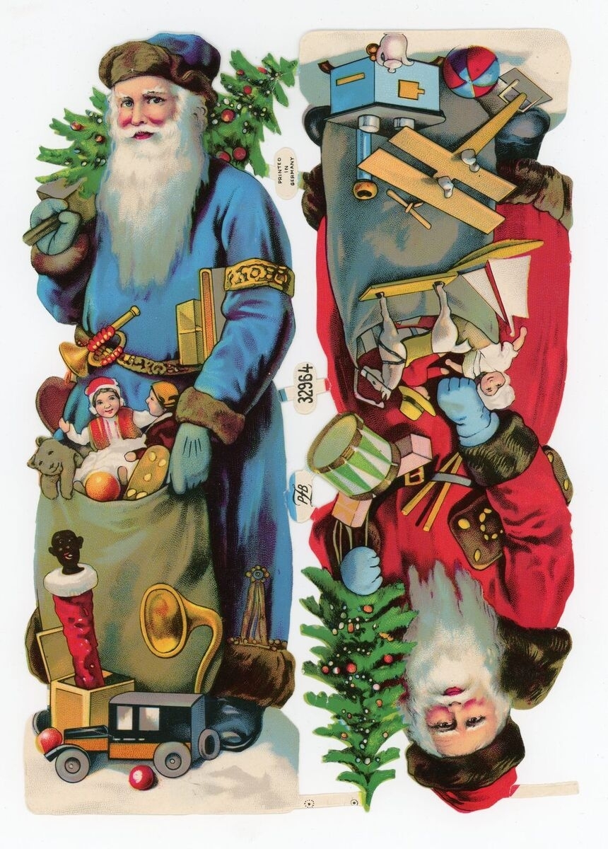 Planche de 2 grands Pères Noël portant sapin et de nombreux jouets (titre factice)