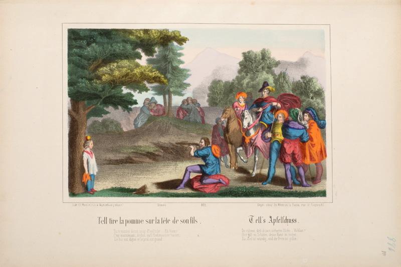 Tell tire la pomme sur la Tête de son fils. (titre inscrit, français, allemand)