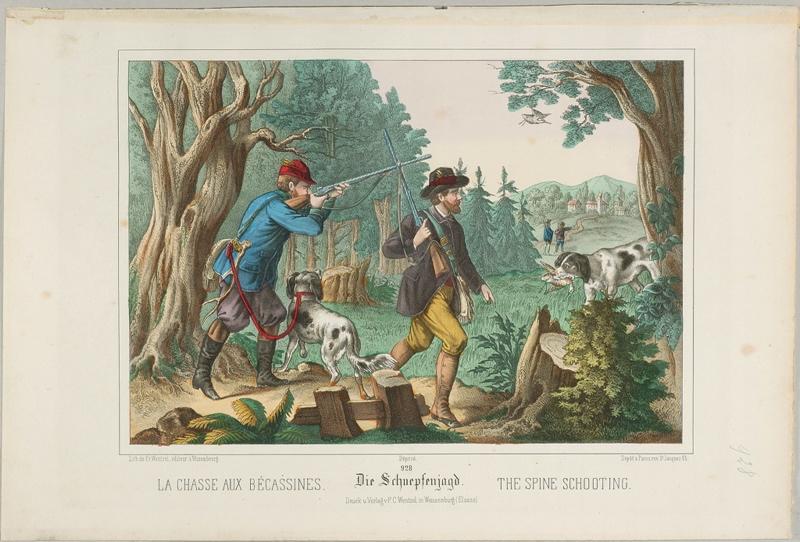 LA CHASSE AUX BECASSINES. (titre inscrit français, allemand, anglais)