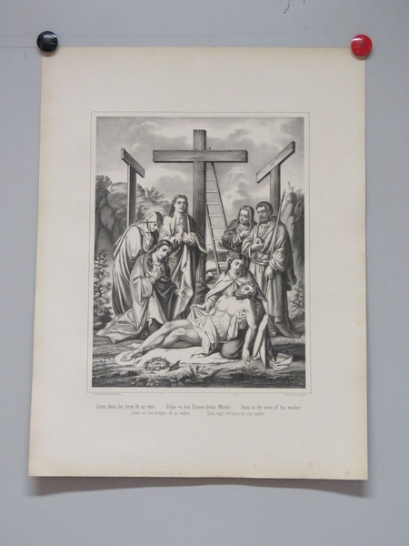 Jésus dans les bras de sa mère. (titre inscrit, français, allemand, anglais, espagnol, italien)