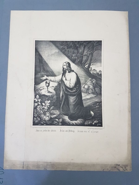Jésus au jardin des oliviers. (titre inscrit, français, allemand, espagnol)