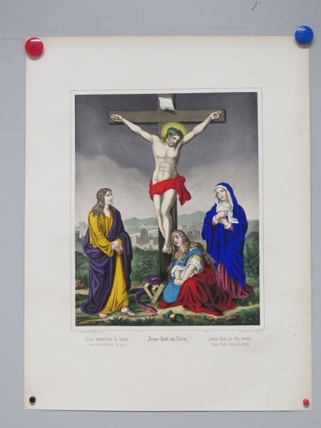 Jésus meurt sur la croix. (titre inscrit, français, allemand, anglais, espagnol, italien)