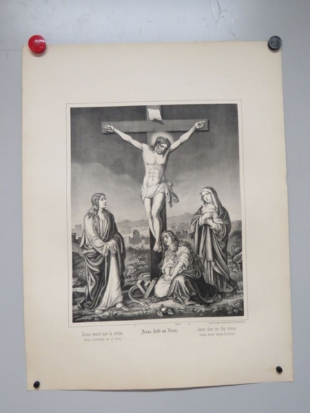 Jésus meurt sur la croix. (titre inscrit, français, allemand, anglais, espagnol, italien)