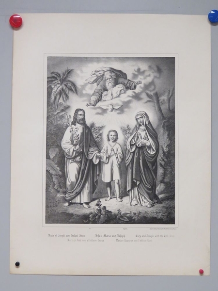 Marie et Joseph avec l'enfant Jésus. (titre inscrit, français, allemand, anglais, espagnol, italien)