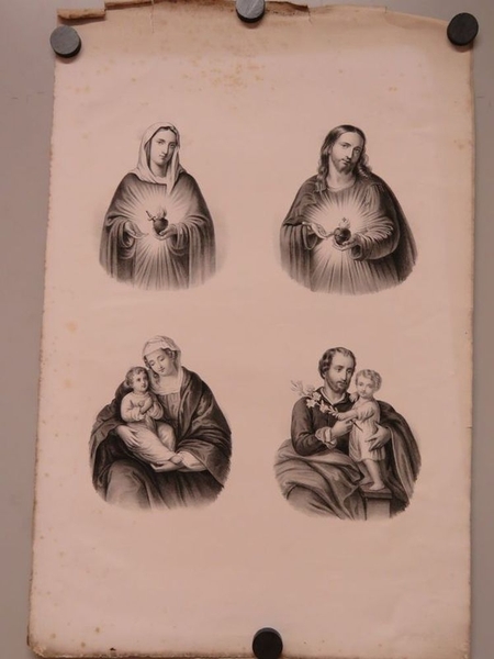 4 portraits de Jésus et Marie dont Jésus au Sacré cœur, Marie au Sacré cœur, Vierge à l'enfant, Joseph à l'enfant. (titre factice)