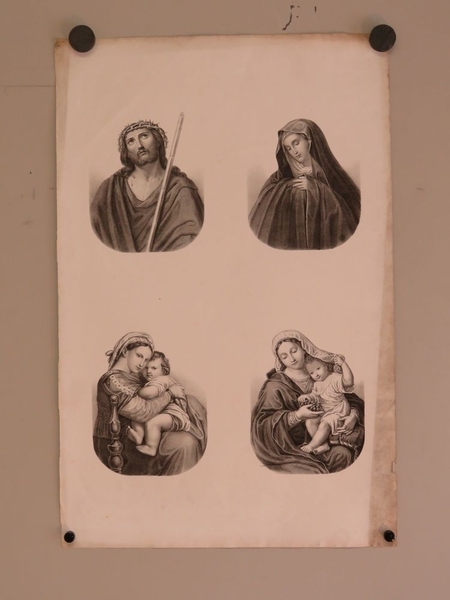 4 images religieuses : Jésus, Marie, La Vierge à la Chaise, La Vierge au raisin. (titre factice)
