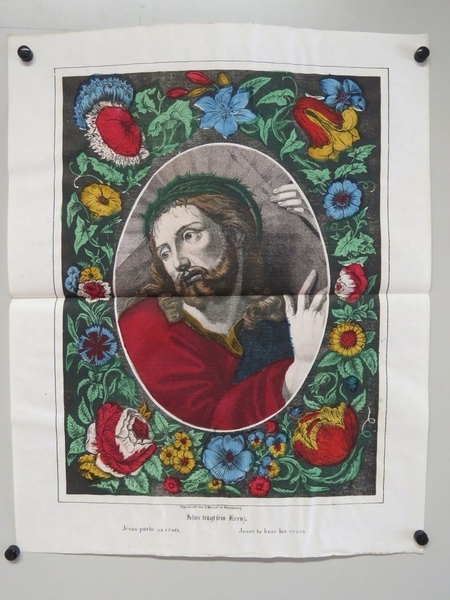 Jésus porte sa croix.  (titre inscrit, allemand, français, anglais)