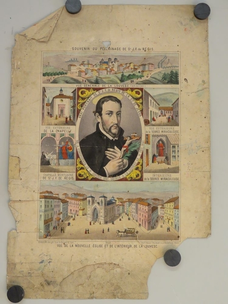 SOUVENIR DU PELERINAGE DE St. J.F. de REGIS. / VUE GENERALE DE LOUVESC (ARDECHE) / VRAI PORTRAIT DE St. J. F. de REGIS DE LA Cie DE JESUS / VUE DE LA NOUVELLE EGLISE ET DE L'INTERIEUR DE LA LOUVESC. (titre inscrit)