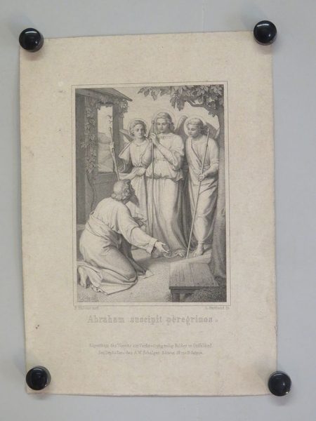 Abraham suscipit peregrinos. (titre inscrit, latin) ; Abraham reçoit des étrangers. (titre traduit)