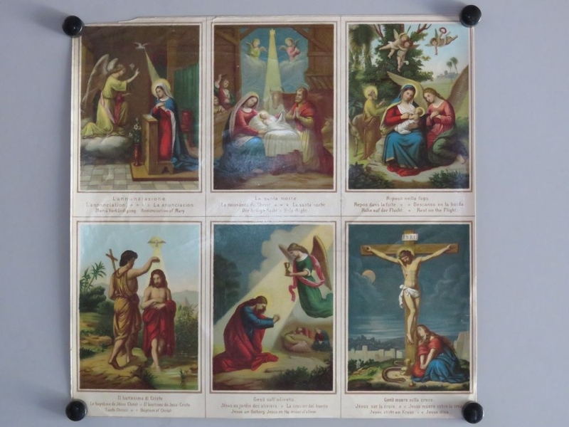 L'annonciation / La naissance du Christ / Repos dans la fuite / Le baptême de Jésus-Christ / Jésus au jardin des oliviers / Jésus sur la croix (titre inscrit, italien, français, espagnol, allemand, anglais)