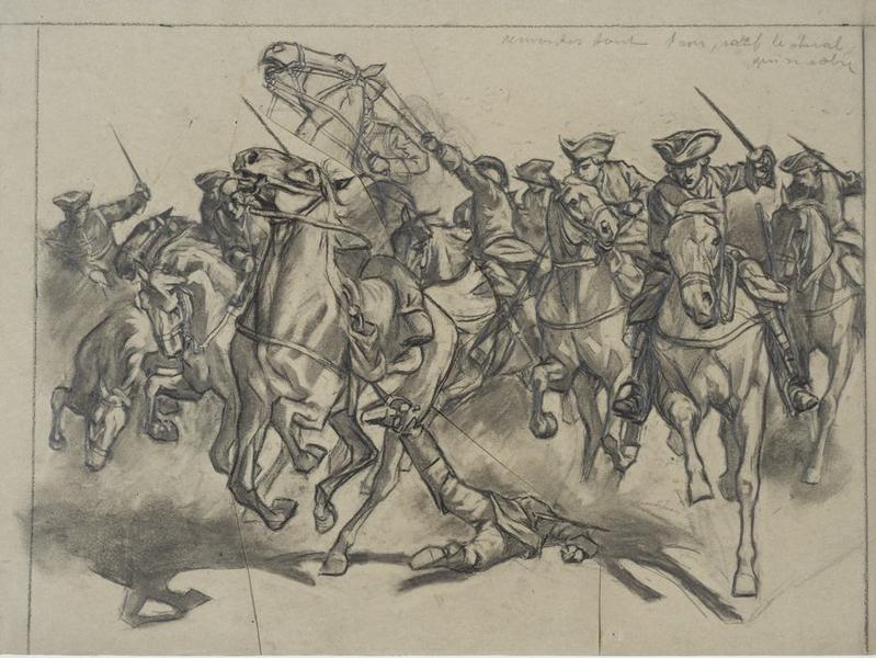 Charge de cavaliers français à la bataille de Fontenoy (11 mai 1745) ; La maison du Roy à Fontenoy (titre ancien)