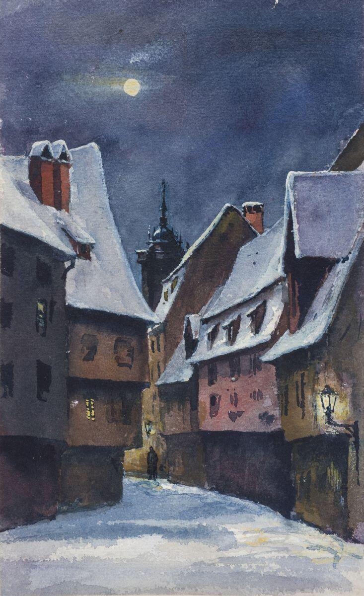 Vue d'une rue de Colmar sous la neige au clair de lune