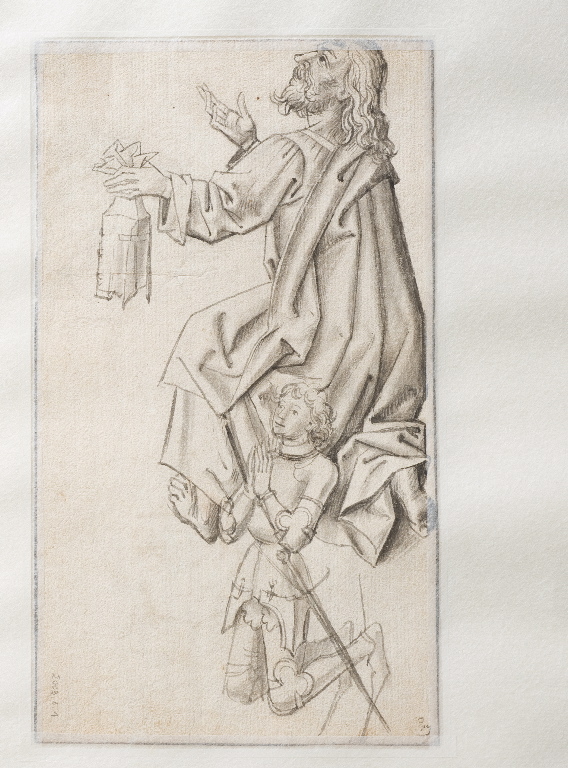 Apôtre agenouillé avec à ses pieds un donateur en armure en prière (recto) # Étude de draperie et étude de main (verso)