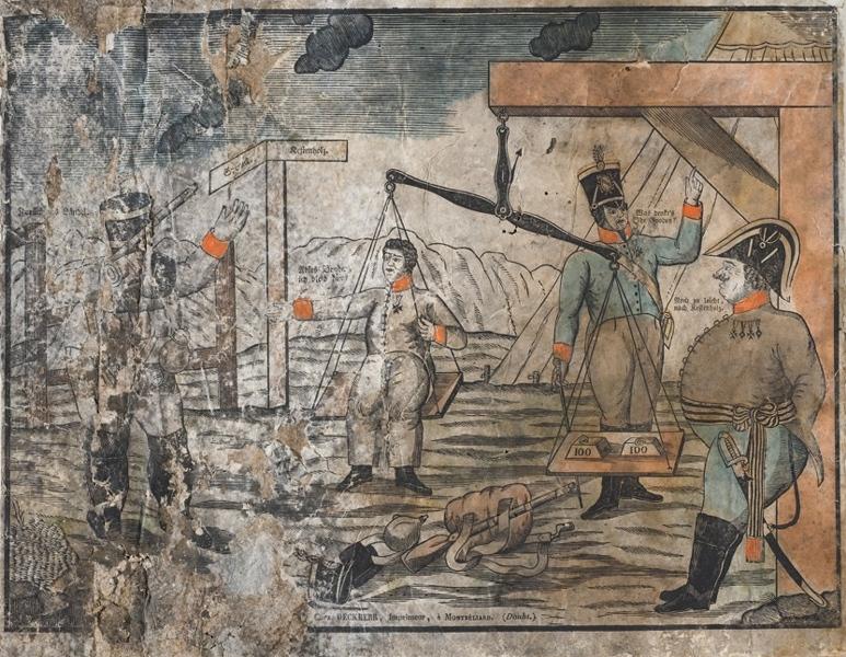 Scène satirique : la pesée du soldat (?)