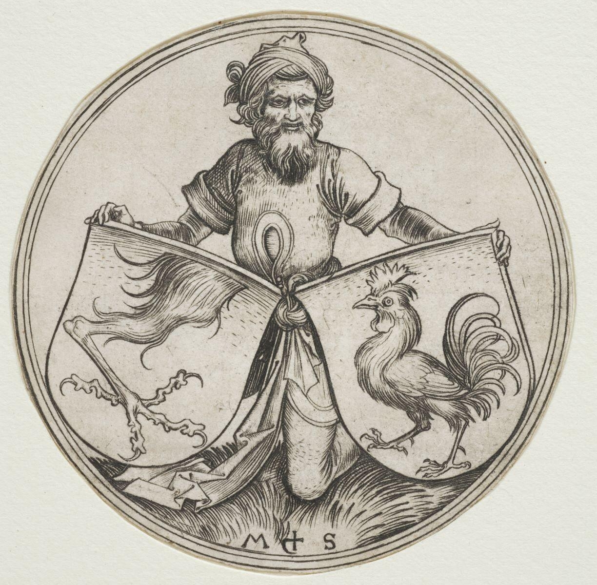 Armoiries - Un paysan tenant des écus à la patte de grue et au coq
