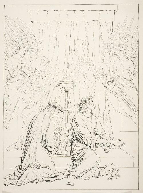 Apparition de deux anges à une sainte et un saint en prière