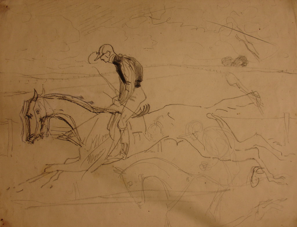 Cheval au galop et jockey / Maison près de l’eau