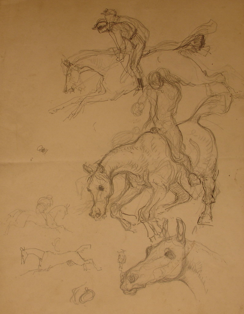 Différentes études de mouvement : cheval-cavalier