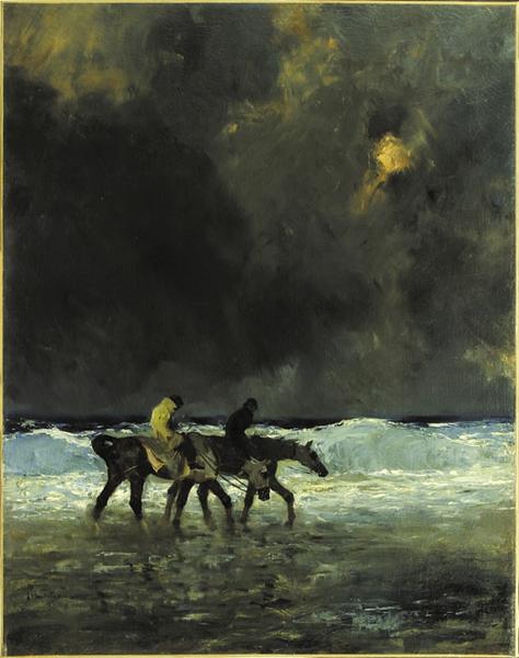 Promenade de chevaux au bord de mer à Dieppe ou L'Orage