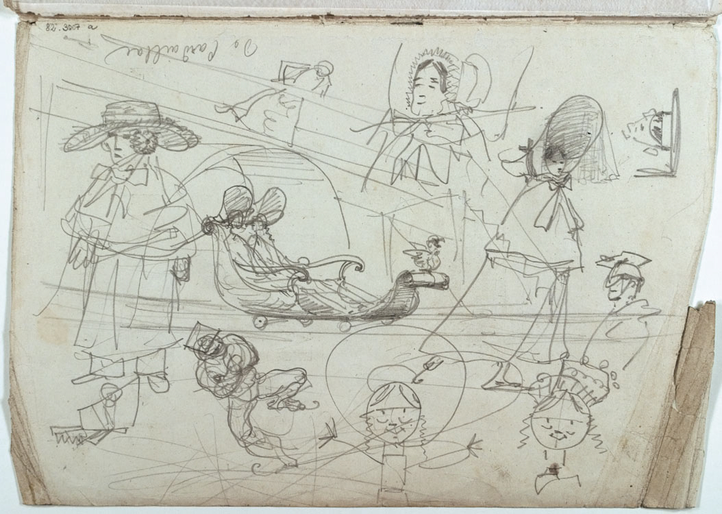 a) Études humoristiques b) L’amateur de cerf volant c) Tête de chat d) Portrait de cheval e) Caricature de Raymond Valade f) Cavalier en armure g) Chiens courant après une biche h ) Cerfs poursuivis