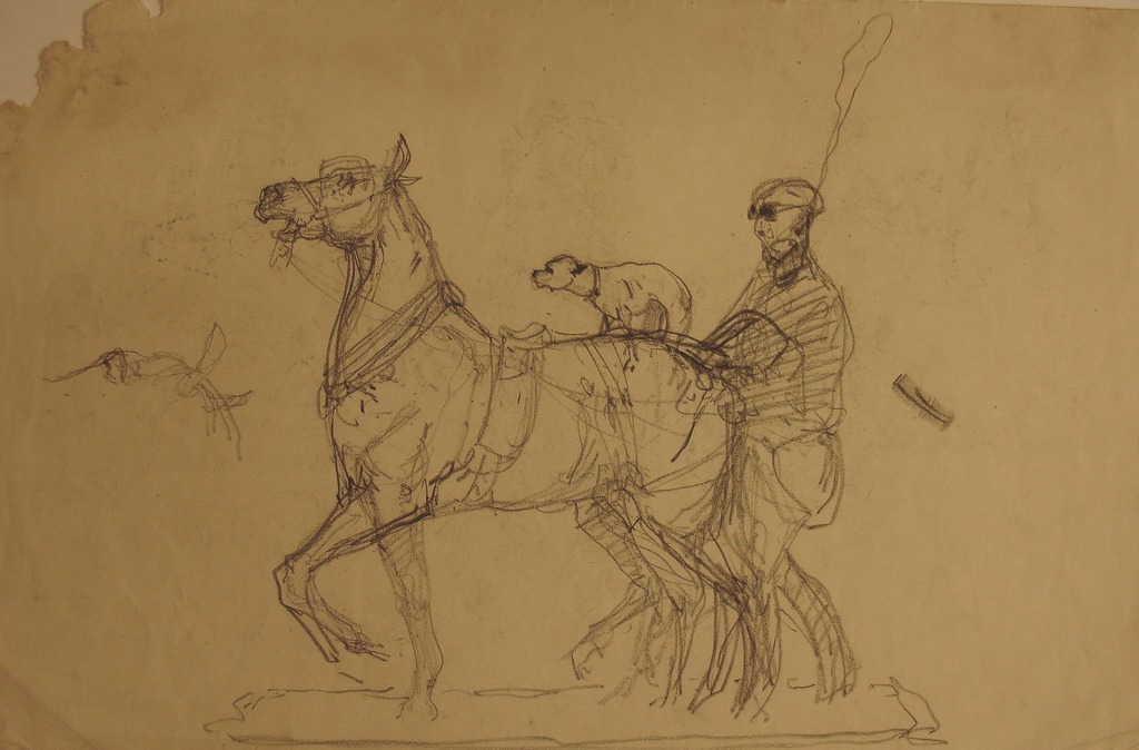 Cheval portant un petit chien / Essai de caricature