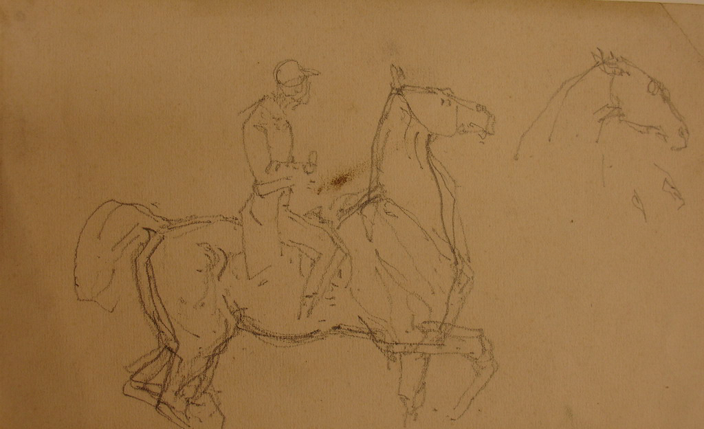 Cheval au pas avec cavalier / Jockey à cheval et études de tête de cheval