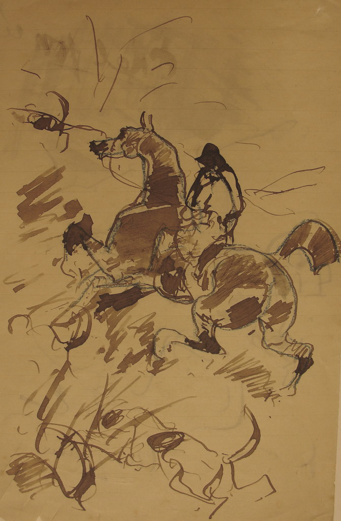 Cheval monté et chien / Cheval foncé