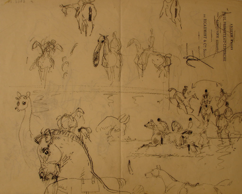 Chasse à un point d’eau et différentes études / Promenade : cavalier et amazone sur leurs montures