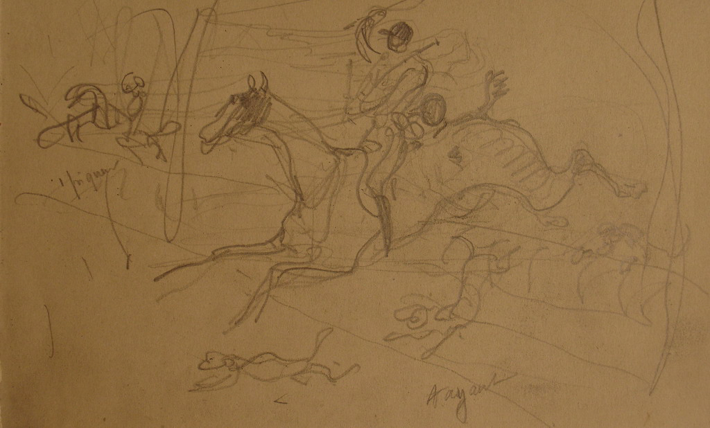 Chasseur à cheval et chiens sautant / Partie antérieure repliée d’un cheval