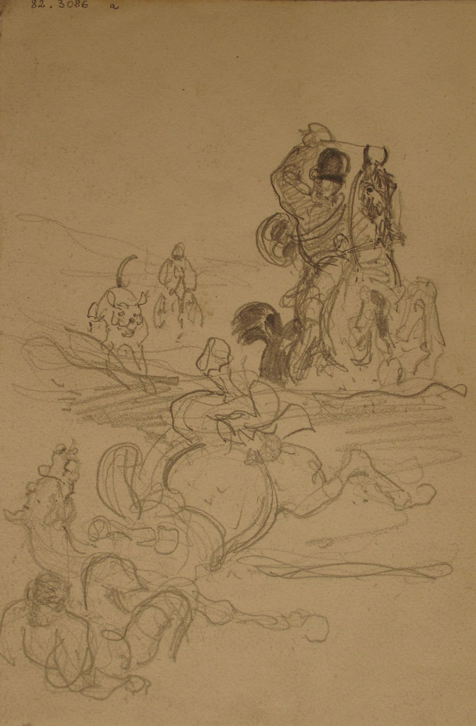 Chasseurs sautant un obstacle (l’un d’eux est tombé) / Virage d’un champ de course