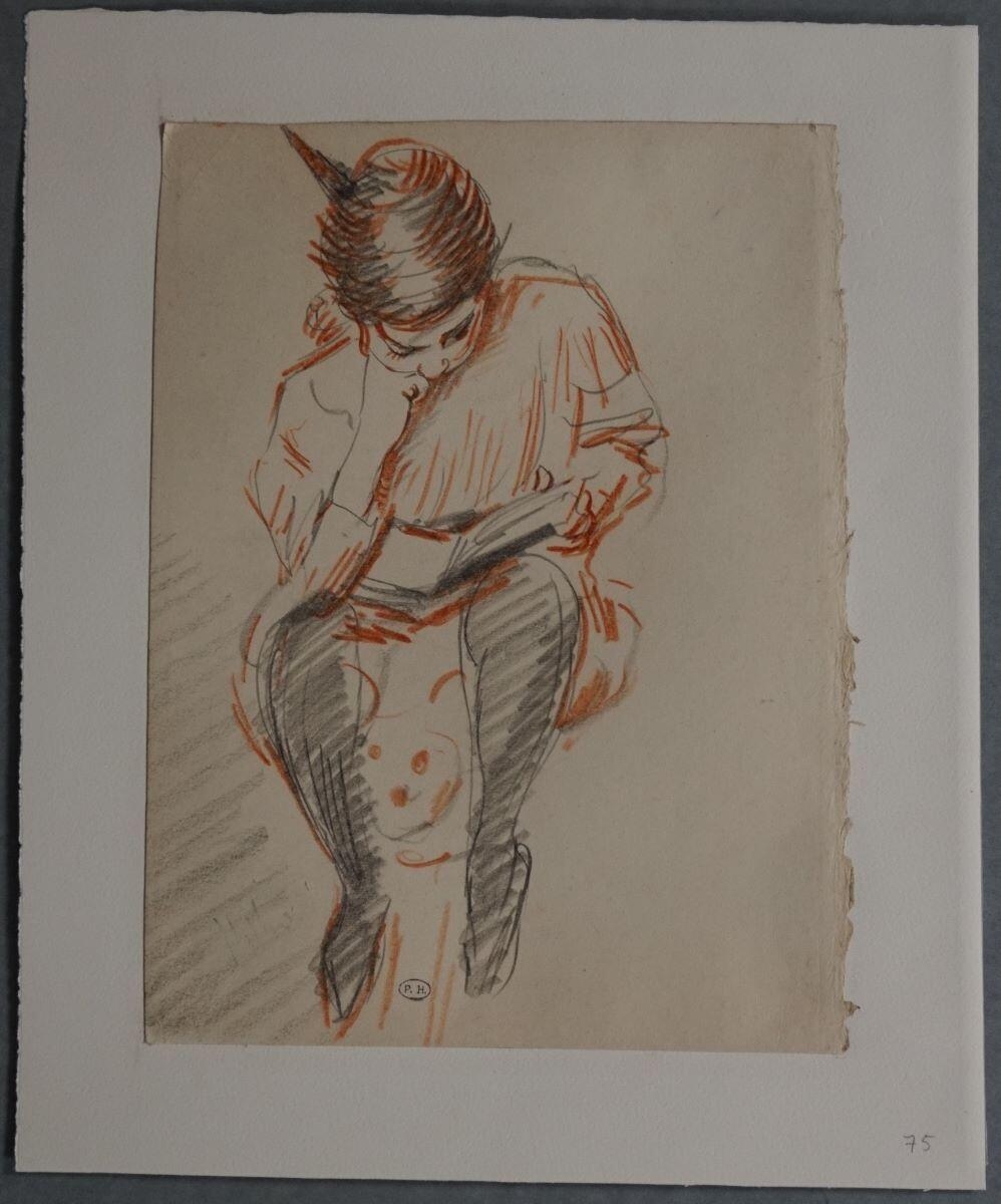 Ellen ou Paulette Helleu, lisant, assise sur un chien en peluche