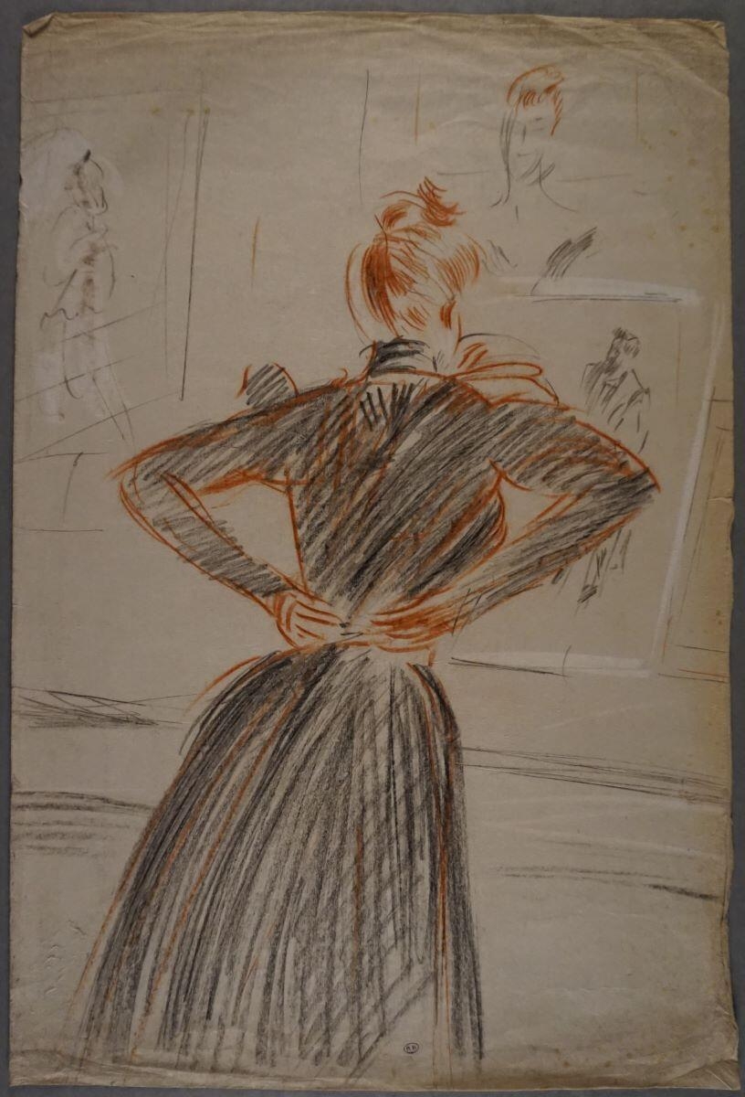 Femme regardant des dessins et le "Catalogue des Pointes Sèches d'Helleu"
