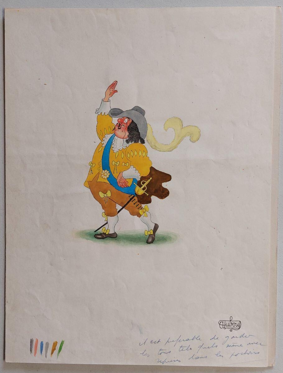 Illustration pour Cyrano de Bergerac : gros homme en habit jaune déclamant