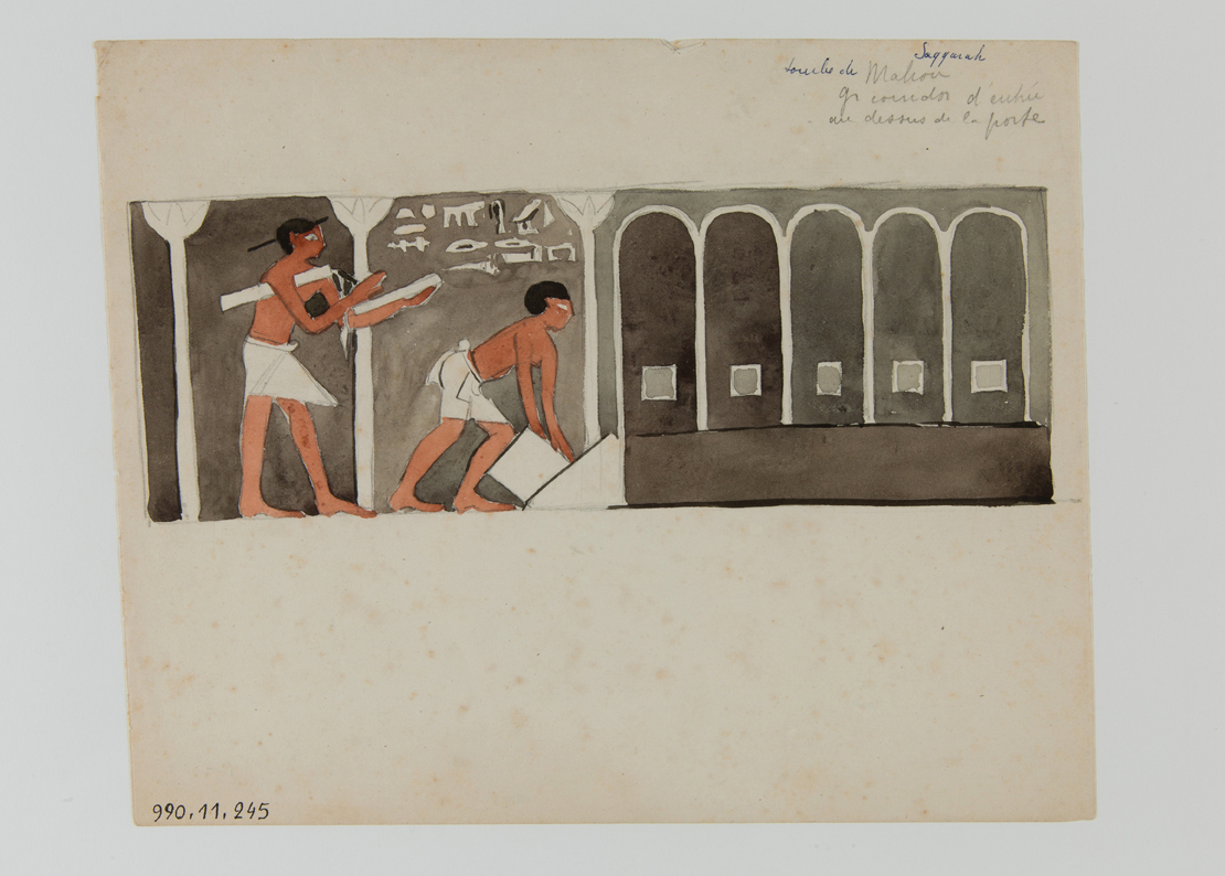 Scribe et homme devant des greniers (titre factice)