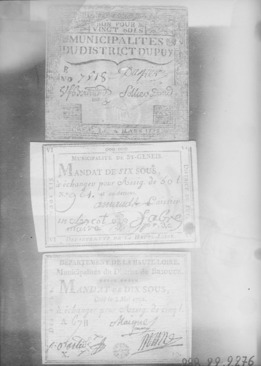 Trois assignats : Le Puy, Saint Genets et Brioude (2) (titre factice)
