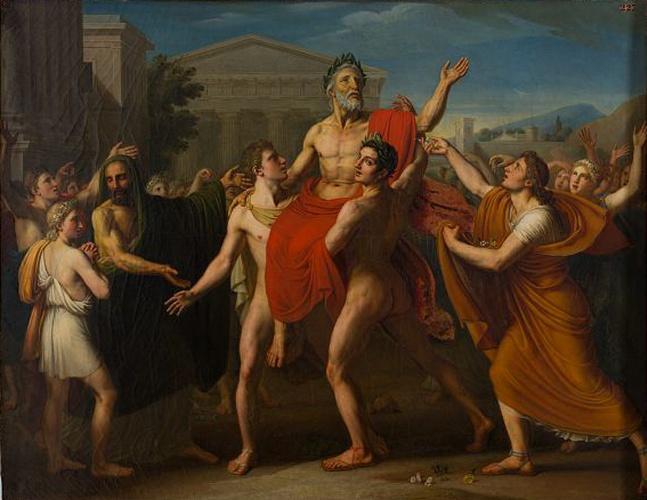 Diagoras porté en triomphe par ses fils à Olympie